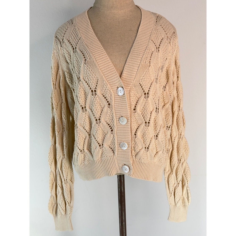 Vero Moda Chunky Cream Cardigan Pointelle Knit Cropped Boxy Fit Fisherman Medium
